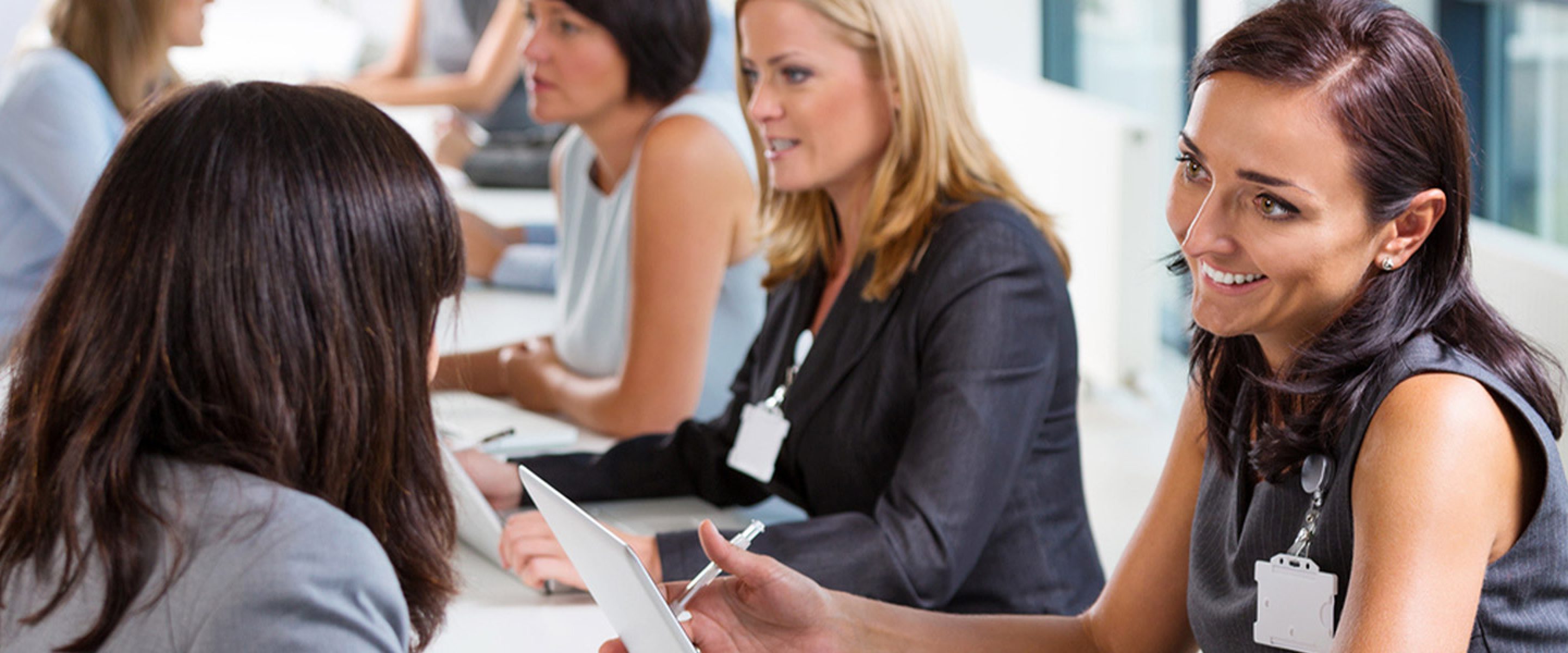 Group of professionals meeting with job recruiters at a long table
